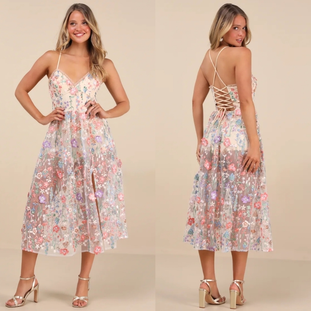 Lulus Mahryn Beige 3D Floral Embroidered Midi Bodysuit Dress XL Wedding Party - Picture 1 of 12